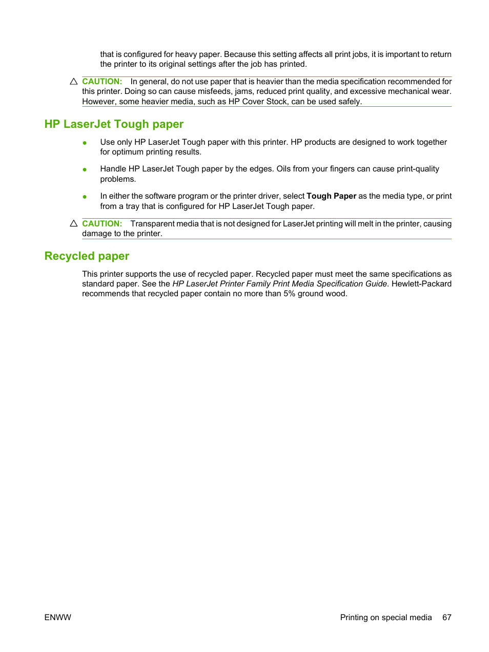 Hp laserjet tough paper, Recycled paper, Hp laserjet tough paper recycled paper | HP LaserJet 5200 Printer series User Manual | Page 79 / 212