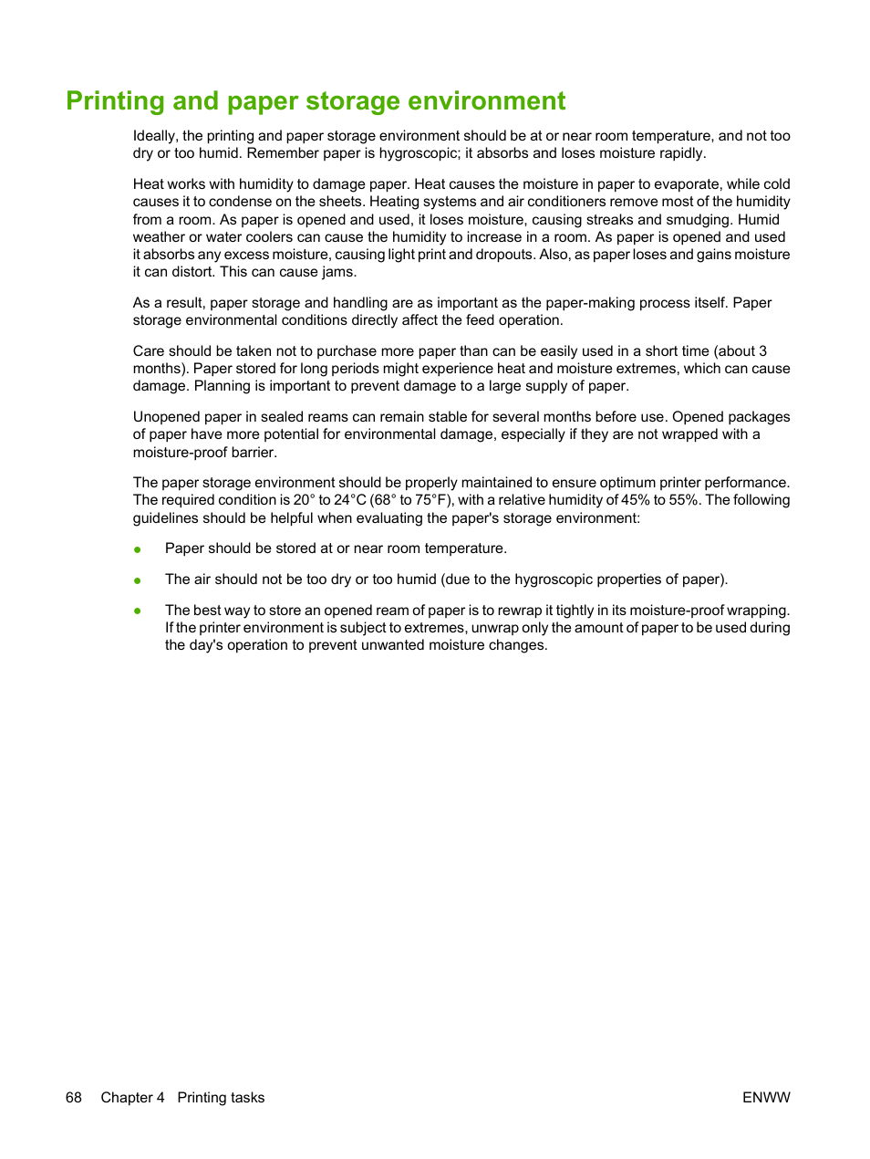 Printing and paper storage environment | HP LaserJet 5200 Printer series User Manual | Page 80 / 212