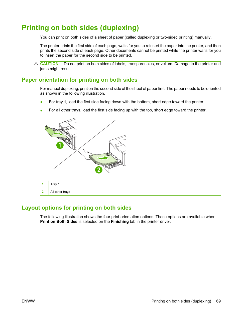 Printing on both sides (duplexing), Paper orientation for printing on both sides, Layout options for printing on both sides | Printing | HP LaserJet 5200 Printer series User Manual | Page 81 / 212