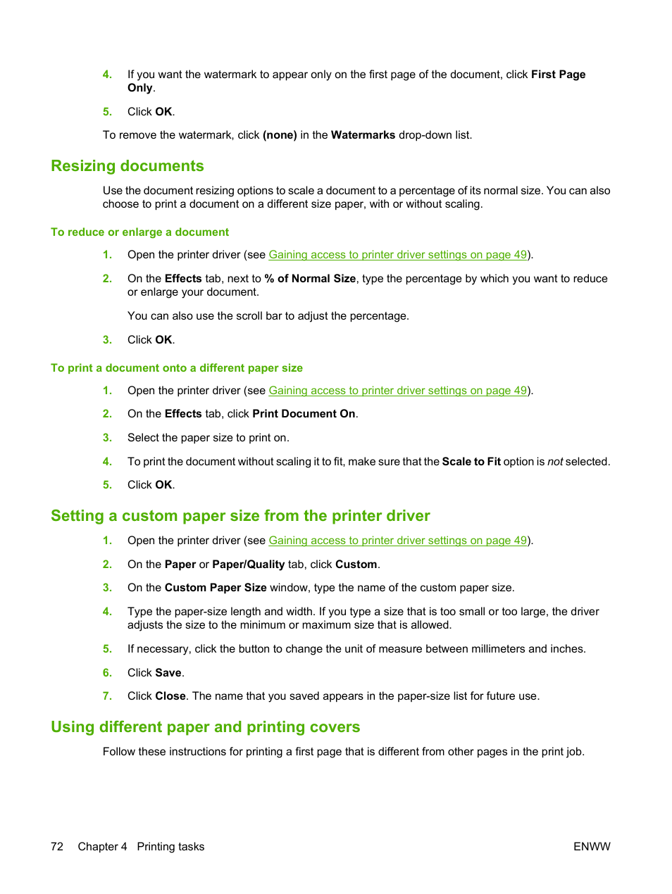 Resizing documents, Using different paper and printing covers | HP LaserJet 5200 Printer series User Manual | Page 84 / 212