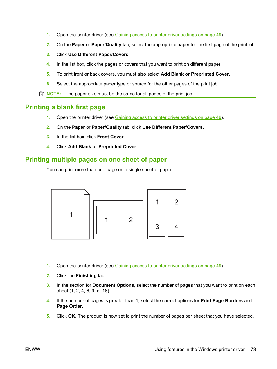 Printing a blank first page, Printing multiple pages on one sheet of paper | HP LaserJet 5200 Printer series User Manual | Page 85 / 212