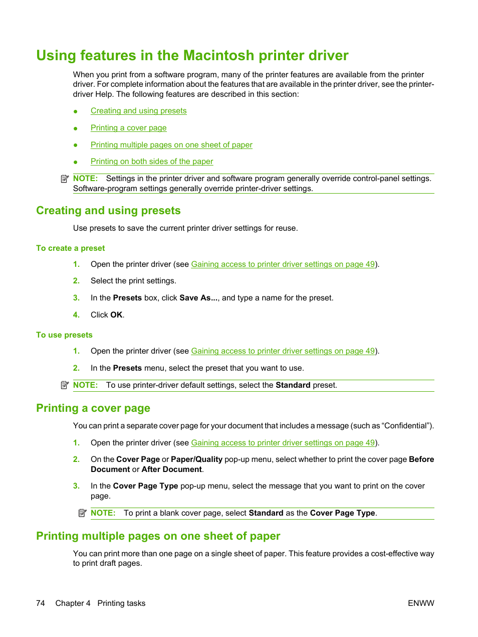 Using features in the macintosh printer driver, Creating and using presets, Printing a cover page | Printing multiple pages on one sheet of paper | HP LaserJet 5200 Printer series User Manual | Page 86 / 212