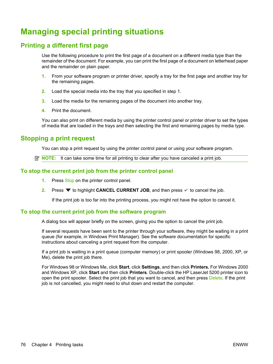 Managing special printing situations, Stopping a print request, Printing a different first page | HP LaserJet 5200 Printer series User Manual | Page 88 / 212