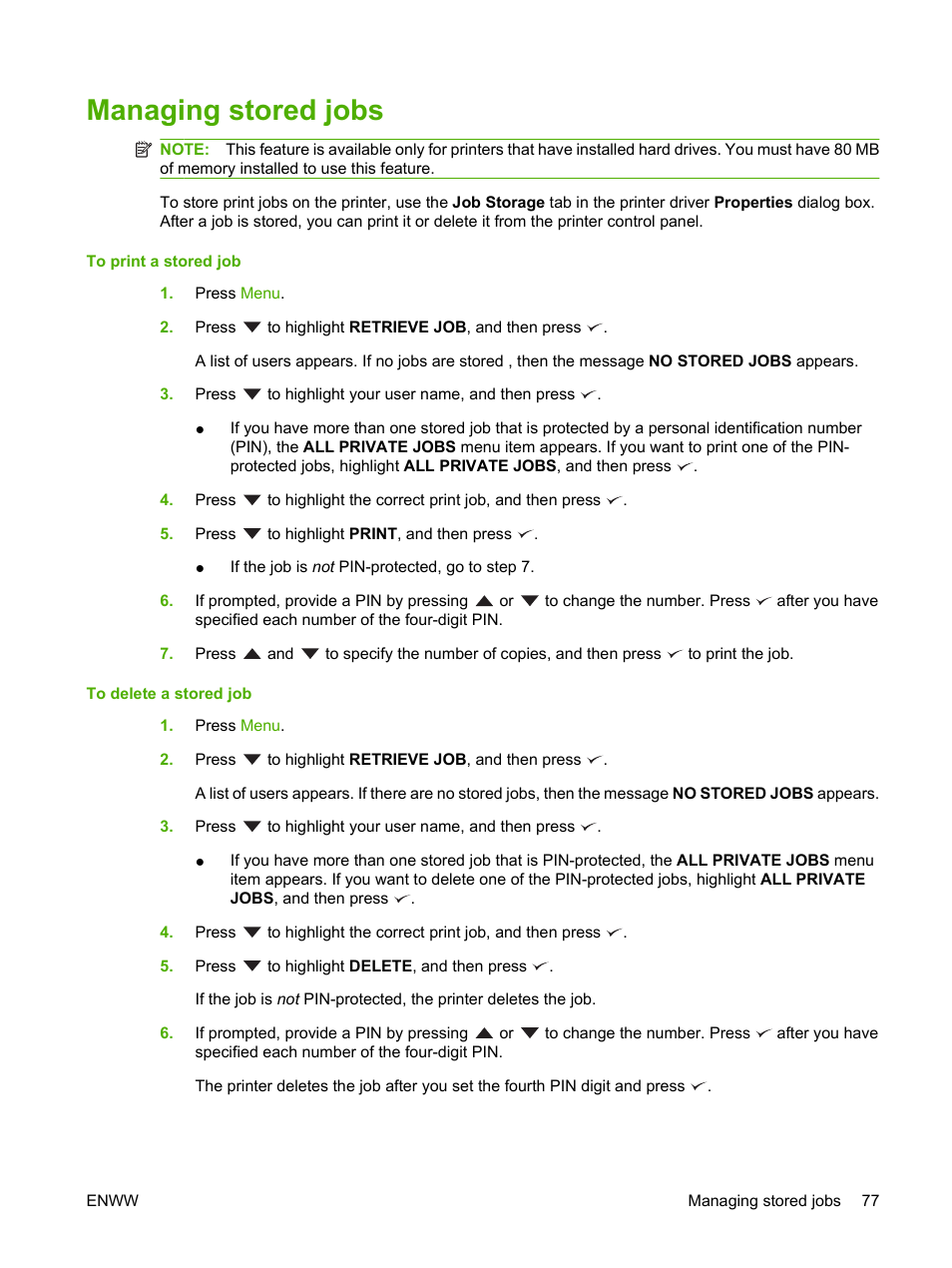 Managing stored jobs | HP LaserJet 5200 Printer series User Manual | Page 89 / 212