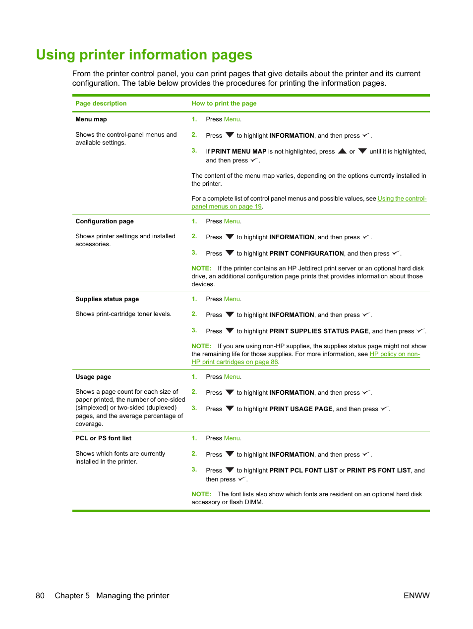 Using printer information pages, 80 chapter 5 managing the printer enww | HP LaserJet 5200 Printer series User Manual | Page 92 / 212
