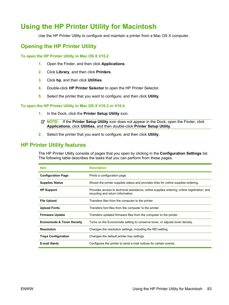 Using the hp printer utility for macintosh, Opening the hp printer utility, Hp printer utility features | HP LaserJet 5200 Printer series User Manual | Page 95 / 212