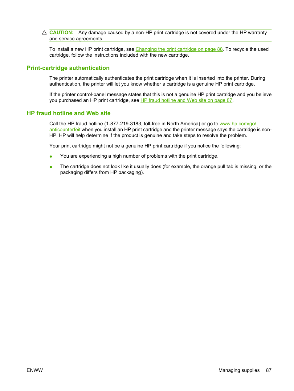 Print-cartridge authentication, Hp fraud hotline and web site | HP LaserJet 5200 Printer series User Manual | Page 99 / 212