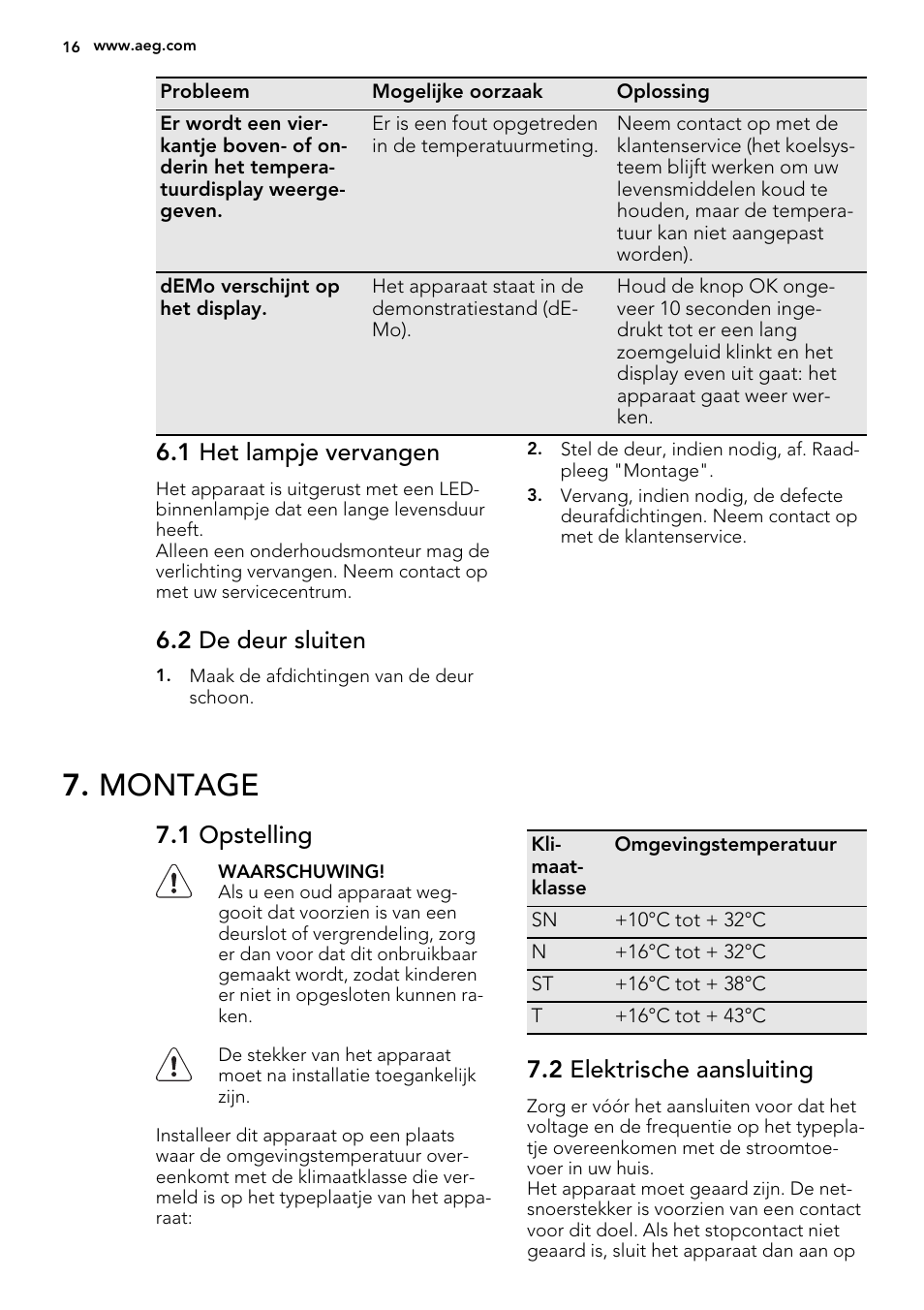 Montage, 1 het lampje vervangen, 2 de deur sluiten | 1 opstelling, 2 elektrische aansluiting | AEG SCS71800F0 User Manual | Page 16 / 76