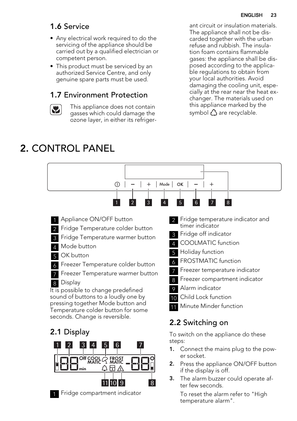 Control panel, 6 service, 7 environment protection | 1 display, 2 switching on | AEG SCS71800F0 User Manual | Page 23 / 76