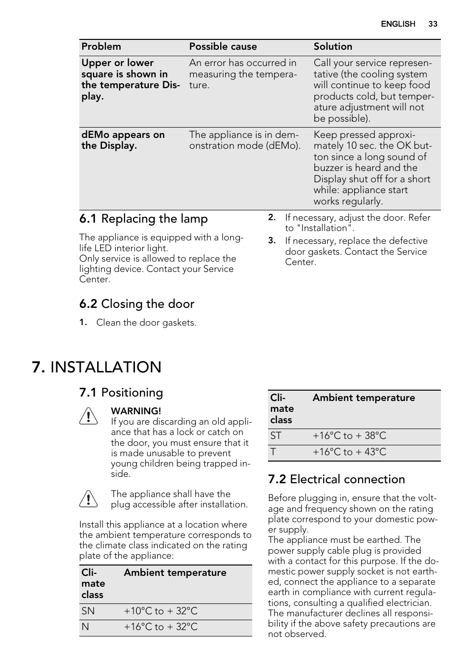 Installation, 1 replacing the lamp, 2 closing the door | 1 positioning, 2 electrical connection | AEG SCS71800F0 User Manual | Page 33 / 76