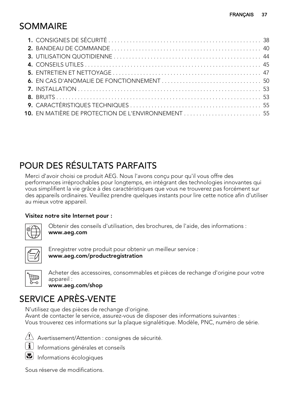 Sommaire, Pour des résultats parfaits, Service après-vente | AEG SCS71800F0 User Manual | Page 37 / 76