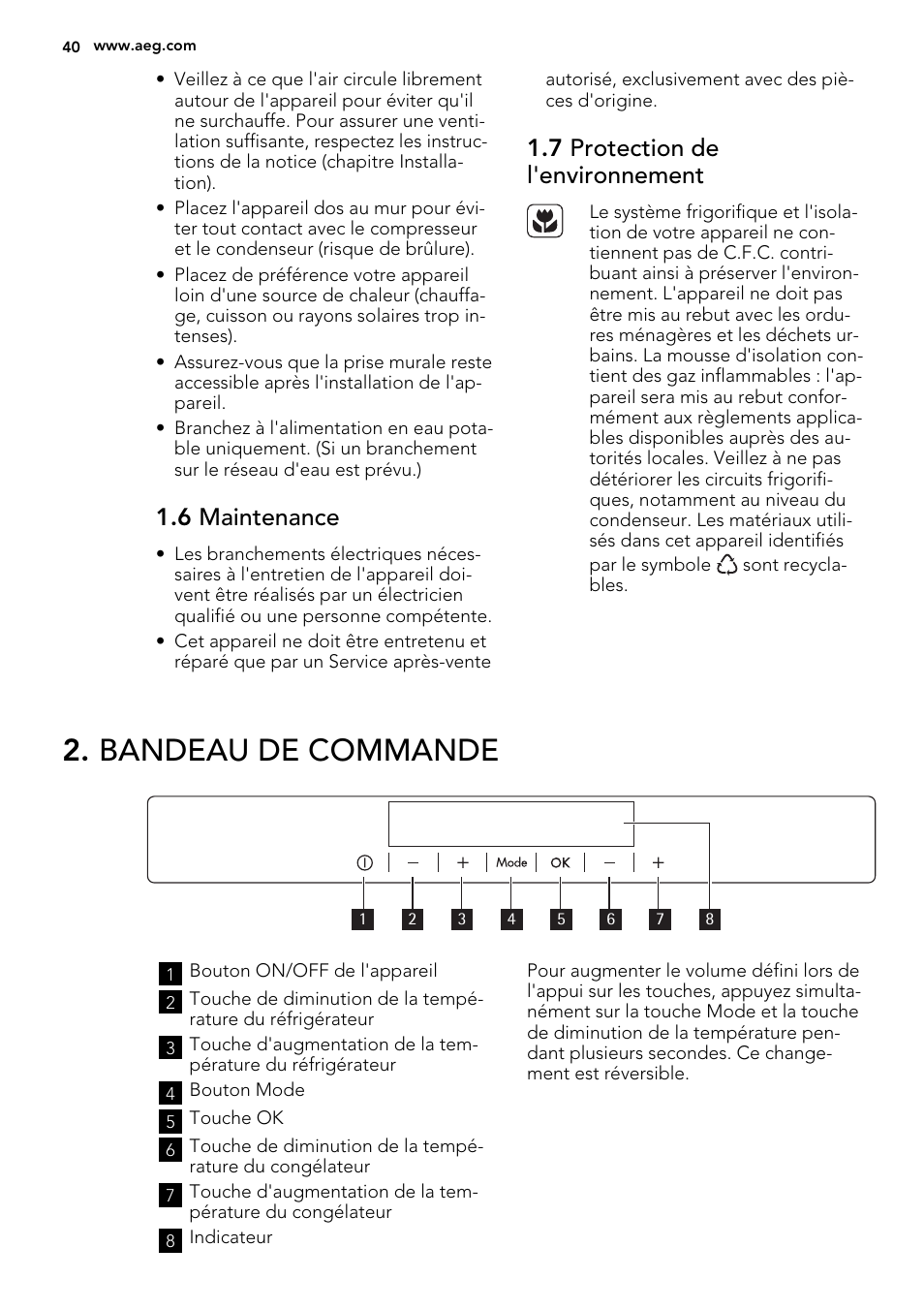 Bandeau de commande, 6 maintenance, 7 protection de l'environnement | AEG SCS71800F0 User Manual | Page 40 / 76