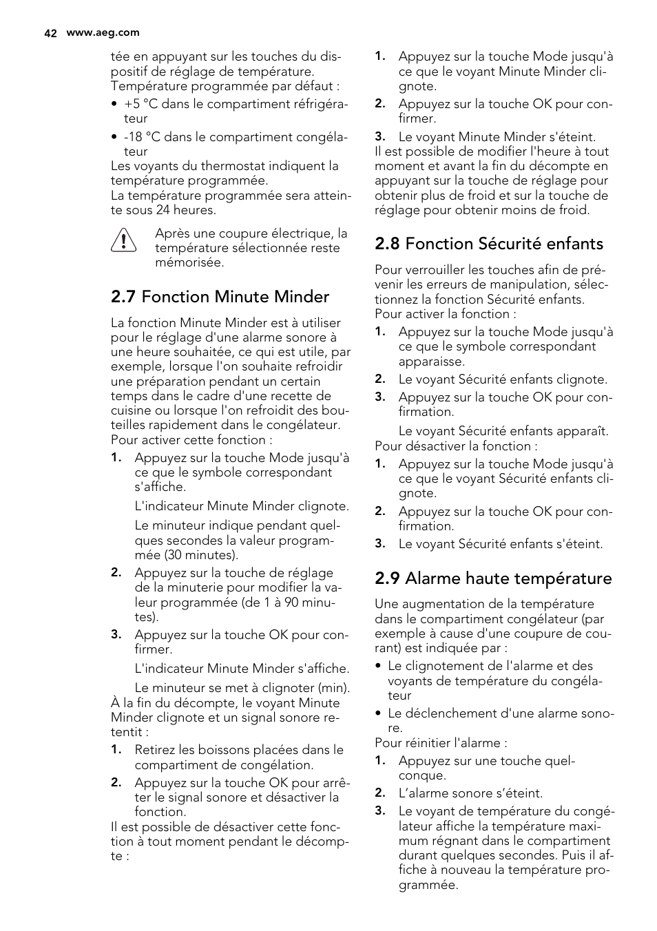 7 fonction minute minder, 8 fonction sécurité enfants, 9 alarme haute température | AEG SCS71800F0 User Manual | Page 42 / 76