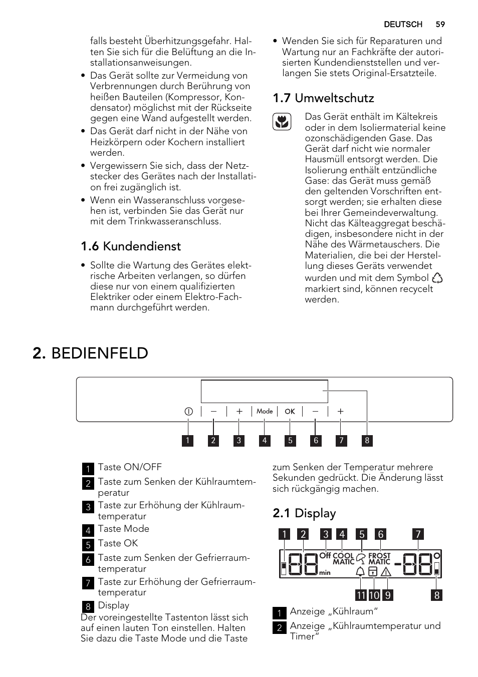 Bedienfeld, 6 kundendienst, 7 umweltschutz | 1 display | AEG SCS71800F0 User Manual | Page 59 / 76