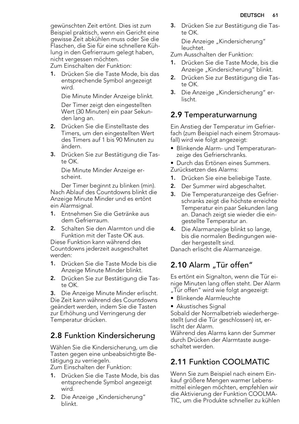 8 funktion kindersicherung, 9 temperaturwarnung, 10 alarm „tür offen | 11 funktion coolmatic | AEG SCS71800F0 User Manual | Page 61 / 76