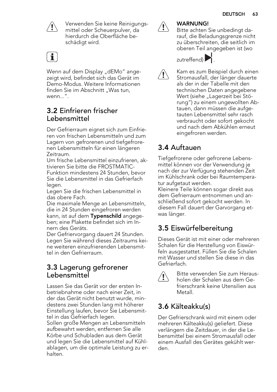 2 einfrieren frischer lebensmittel, 3 lagerung gefrorener lebensmittel, 4 auftauen | 5 eiswürfelbereitung, 6 kälteakku(s) | AEG SCS71800F0 User Manual | Page 63 / 76