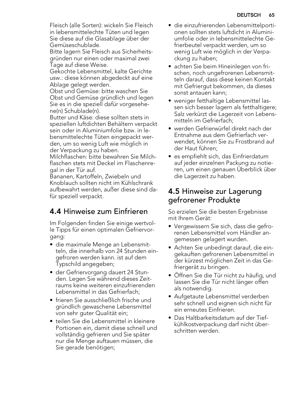 4 hinweise zum einfrieren, 5 hinweise zur lagerung gefrorener produkte | AEG SCS71800F0 User Manual | Page 65 / 76