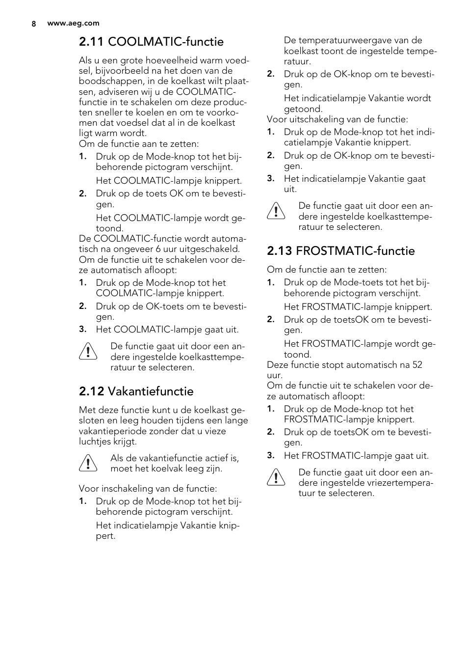 11 coolmatic-functie, 12 vakantiefunctie, 13 frostmatic-functie | AEG SCS71800F0 User Manual | Page 8 / 76