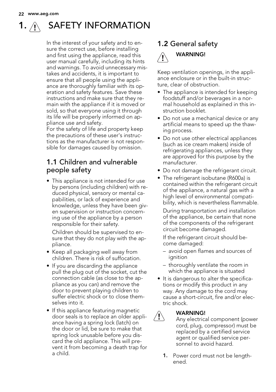 Safety information, 1 children and vulnerable people safety, 2 general safety | AEG SDS51400S0 User Manual | Page 22 / 80