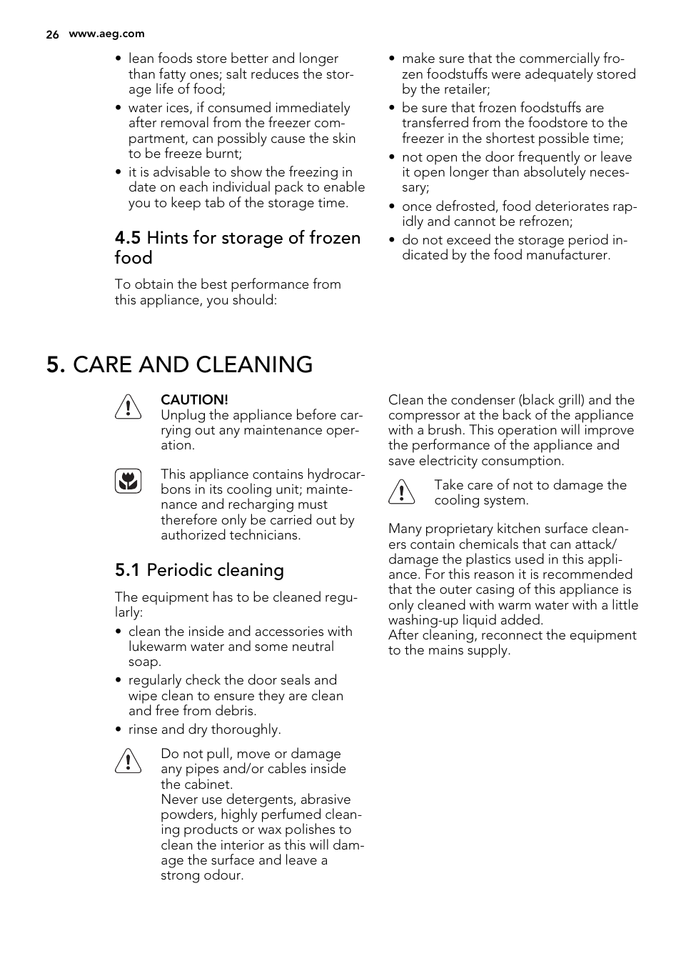 Care and cleaning, 5 hints for storage of frozen food, 1 periodic cleaning | AEG SDS51400S0 User Manual | Page 26 / 80