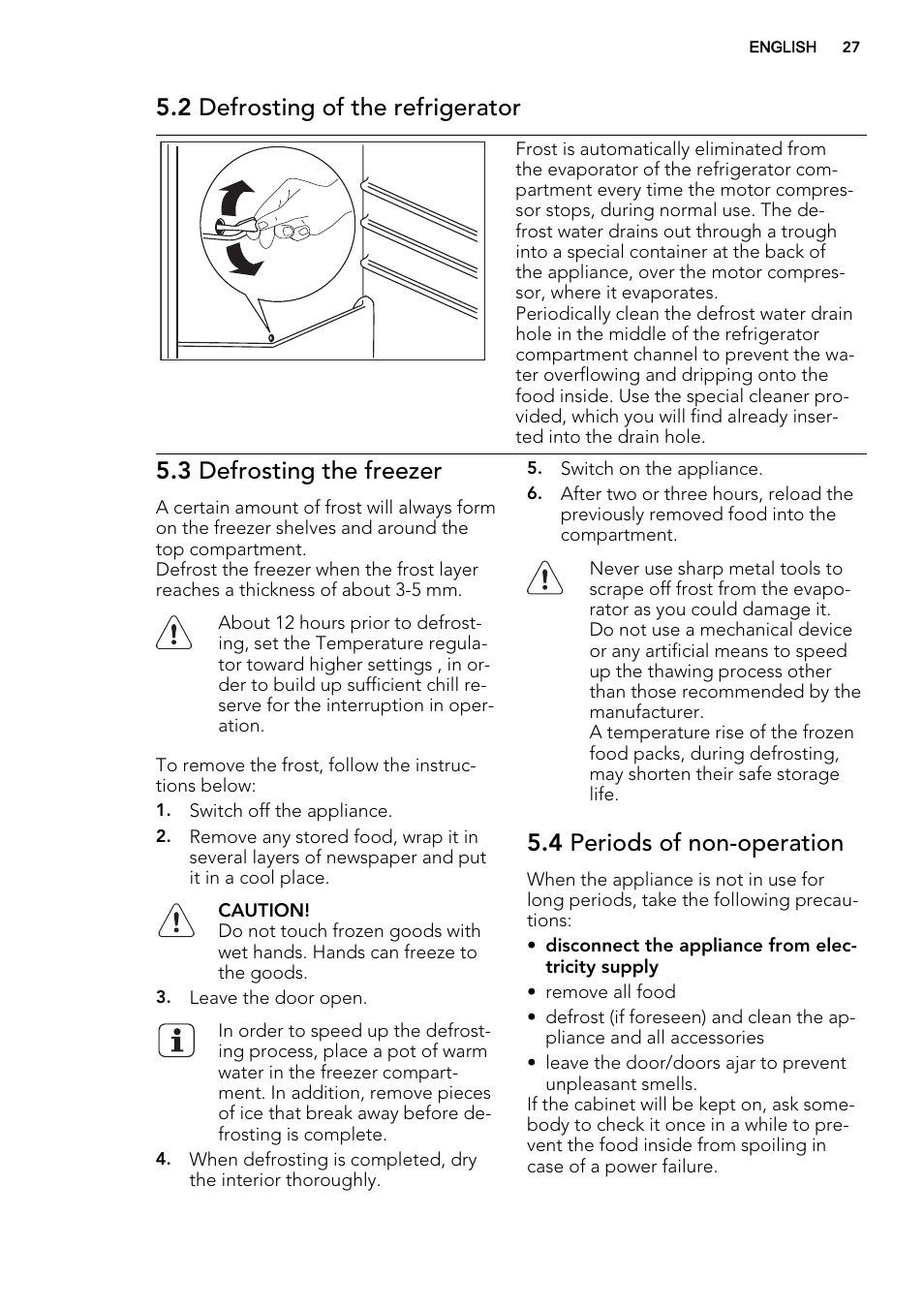 2 defrosting of the refrigerator, 3 defrosting the freezer, 4 periods of non-operation | AEG SDS51400S0 User Manual | Page 27 / 80