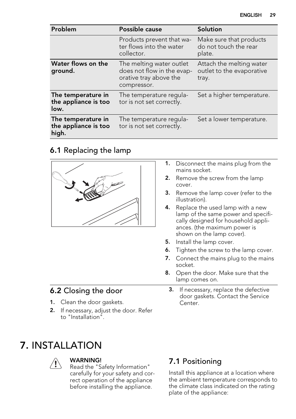 Installation, 1 replacing the lamp, 2 closing the door | 1 positioning | AEG SDS51400S0 User Manual | Page 29 / 80