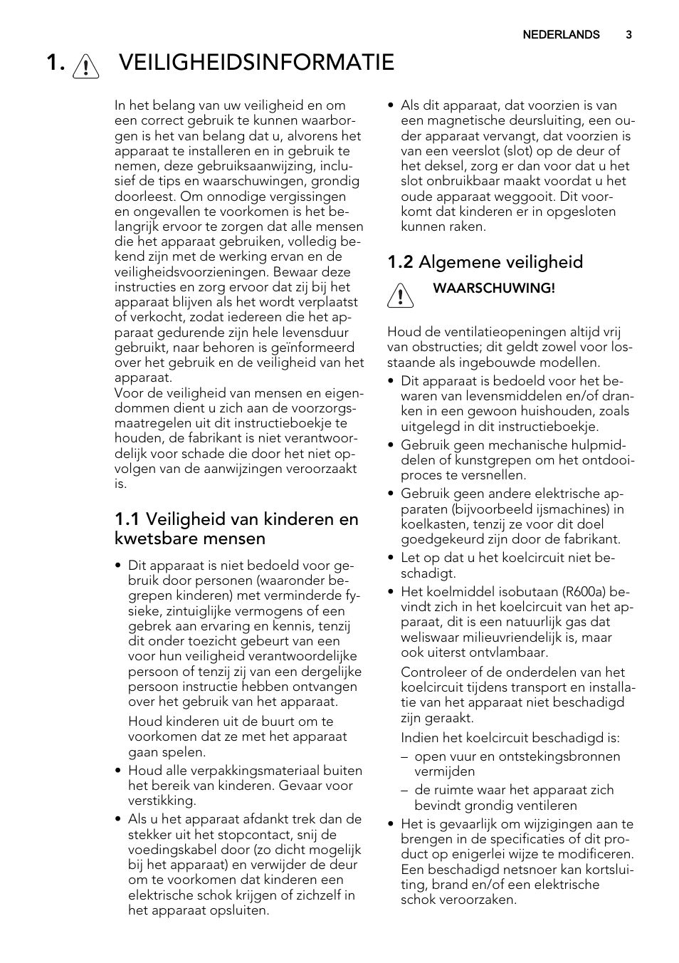 Veiligheidsinformatie, 1 veiligheid van kinderen en kwetsbare mensen, 2 algemene veiligheid | AEG SDS51400S0 User Manual | Page 3 / 80