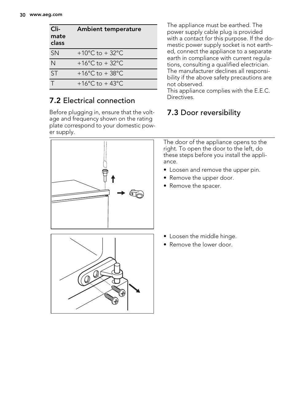 2 electrical connection, 3 door reversibility | AEG SDS51400S0 User Manual | Page 30 / 80