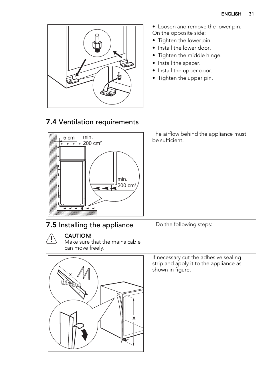 4 ventilation requirements, 5 installing the appliance | AEG SDS51400S0 User Manual | Page 31 / 80
