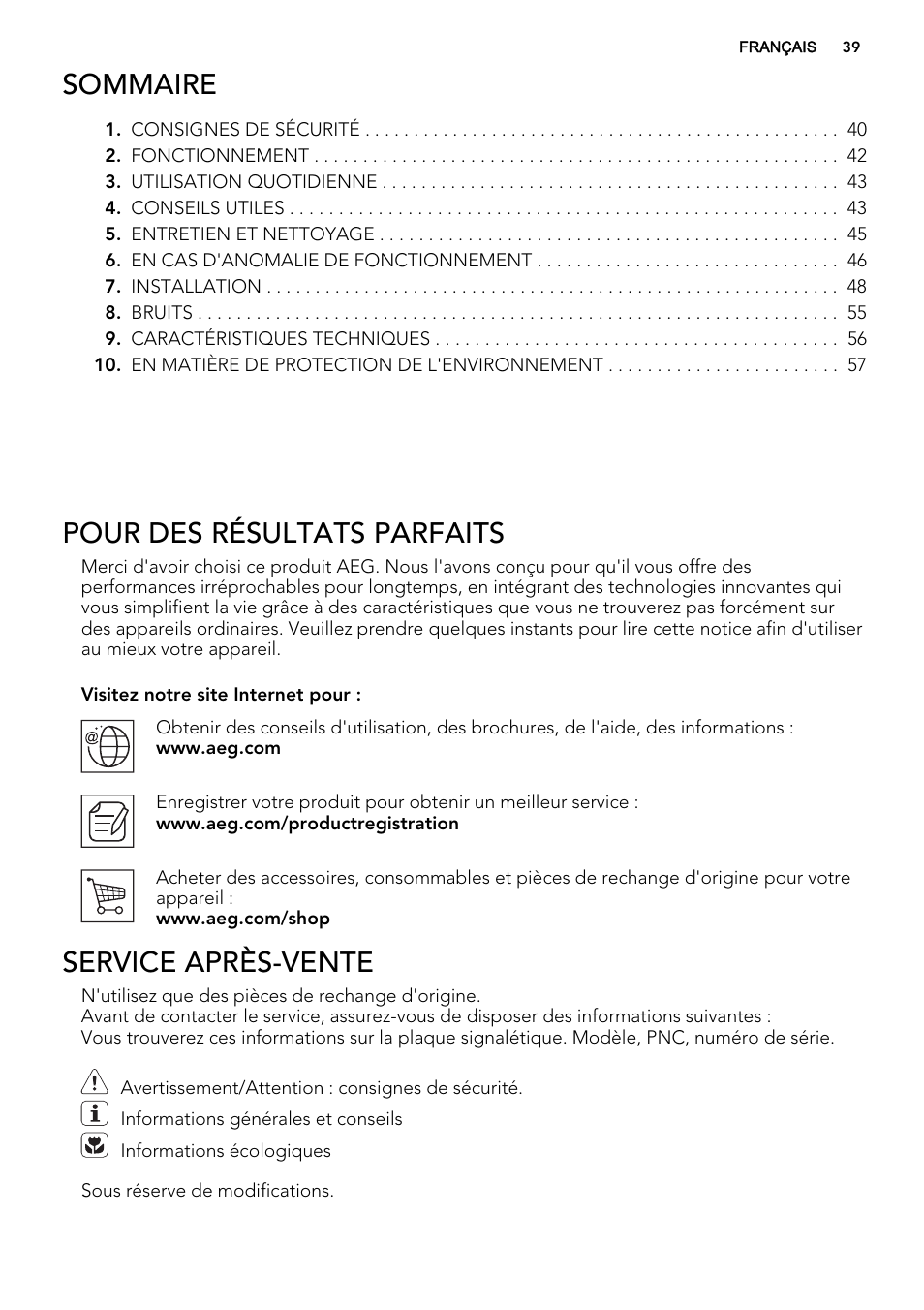Sommaire, Pour des résultats parfaits, Service après-vente | AEG SDS51400S0 User Manual | Page 39 / 80