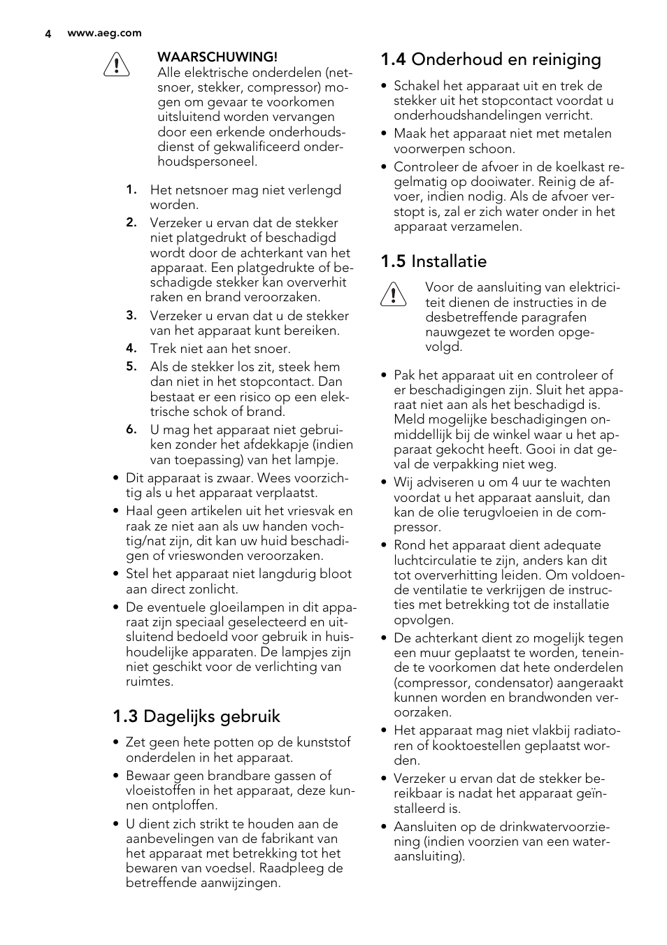 3 dagelijks gebruik, 4 onderhoud en reiniging, 5 installatie | AEG SDS51400S0 User Manual | Page 4 / 80