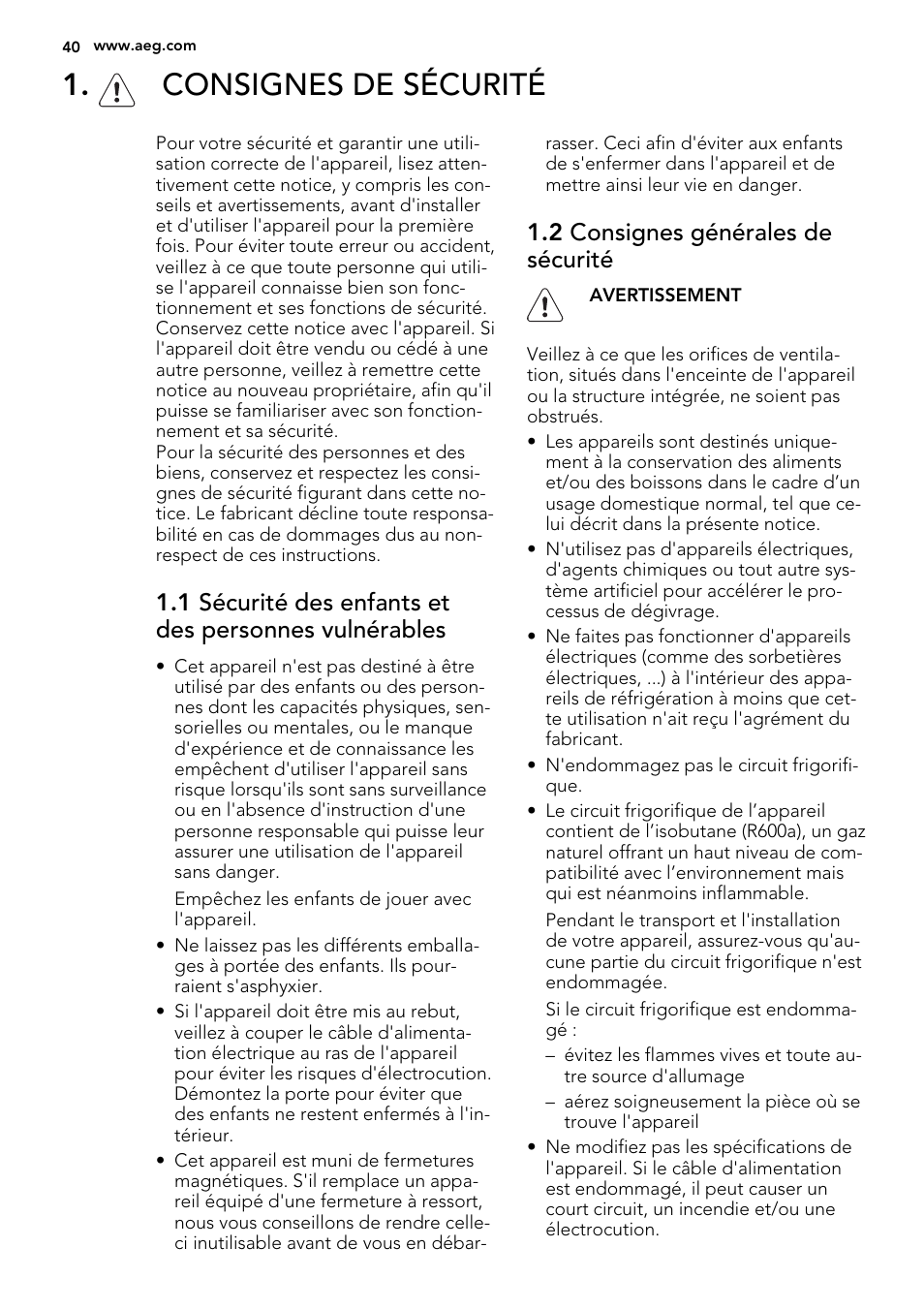 Consignes de sécurité, 2 consignes générales de sécurité | AEG SDS51400S0 User Manual | Page 40 / 80