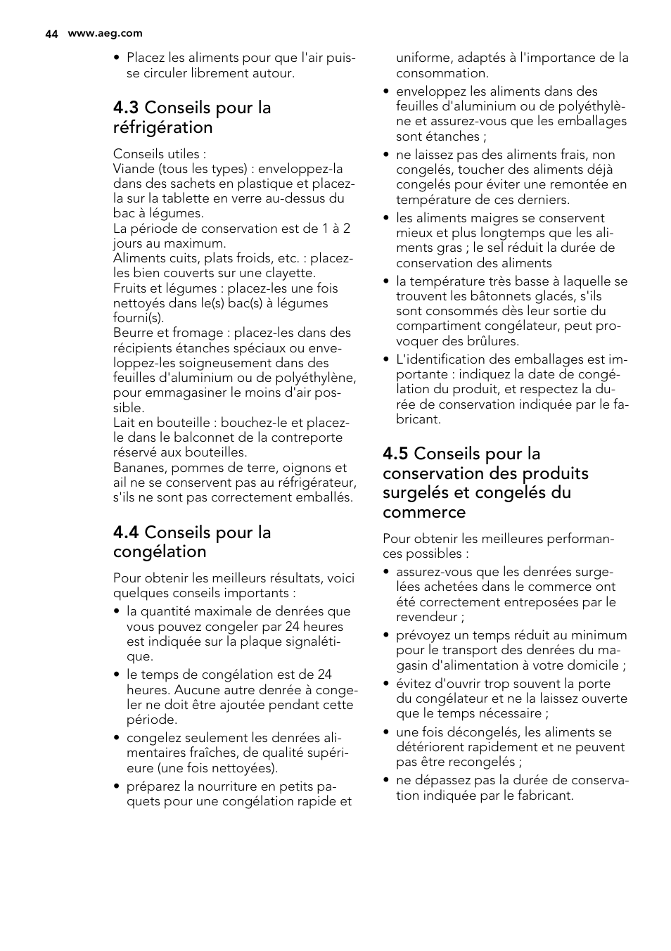 3 conseils pour la réfrigération, 4 conseils pour la congélation | AEG SDS51400S0 User Manual | Page 44 / 80
