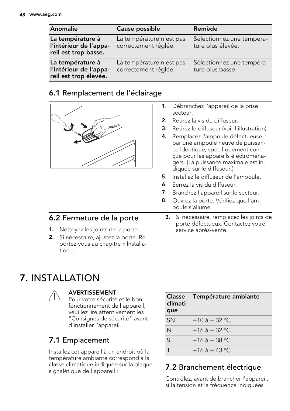 Installation, 1 remplacement de l'éclairage, 2 fermeture de la porte | 1 emplacement, 2 branchement électrique | AEG SDS51400S0 User Manual | Page 48 / 80