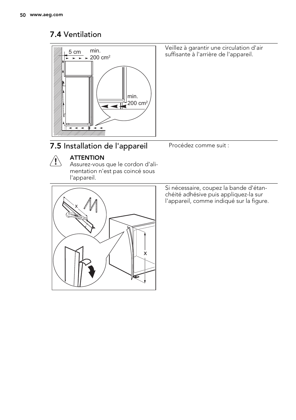 4 ventilation, 5 installation de l'appareil | AEG SDS51400S0 User Manual | Page 50 / 80