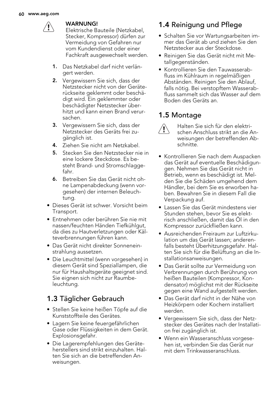 3 täglicher gebrauch, 4 reinigung und pflege, 5 montage | AEG SDS51400S0 User Manual | Page 60 / 80