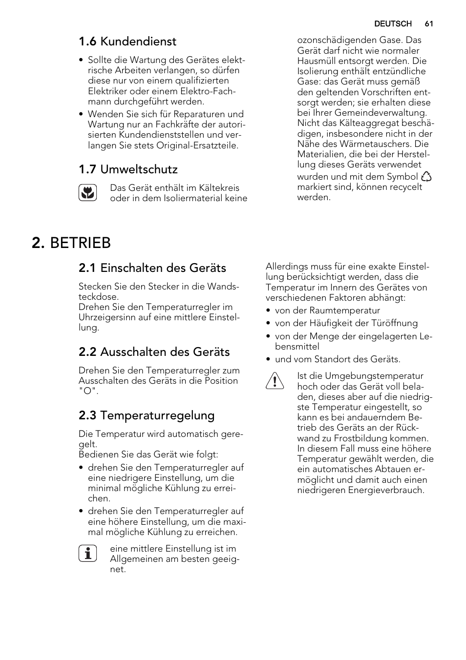 Betrieb, 6 kundendienst, 7 umweltschutz | 1 einschalten des geräts, 2 ausschalten des geräts, 3 temperaturregelung | AEG SDS51400S0 User Manual | Page 61 / 80
