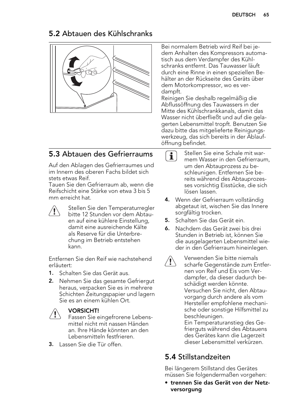 2 abtauen des kühlschranks, 3 abtauen des gefrierraums, 4 stillstandzeiten | AEG SDS51400S0 User Manual | Page 65 / 80