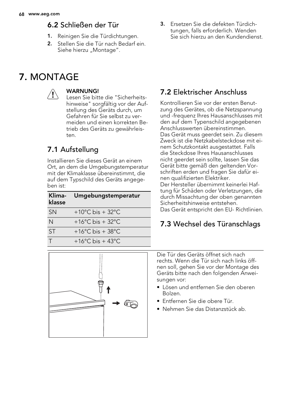 Montage, 2 schließen der tür, 1 aufstellung | 2 elektrischer anschluss, 3 wechsel des türanschlags | AEG SDS51400S0 User Manual | Page 68 / 80