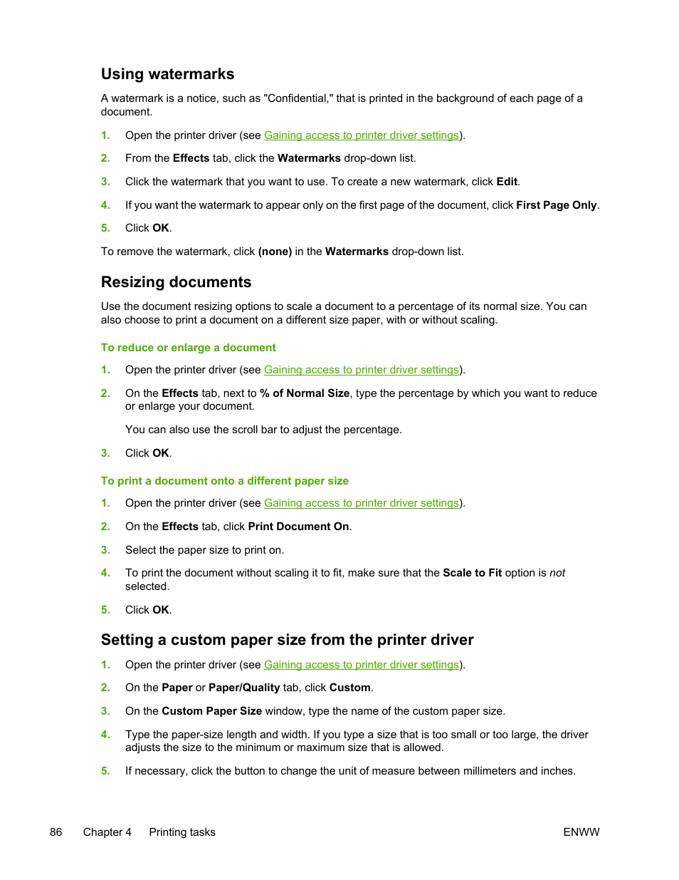 Using watermarks, Resizing documents | HP LaserJet 5200 Printer series User Manual | Page 100 / 248