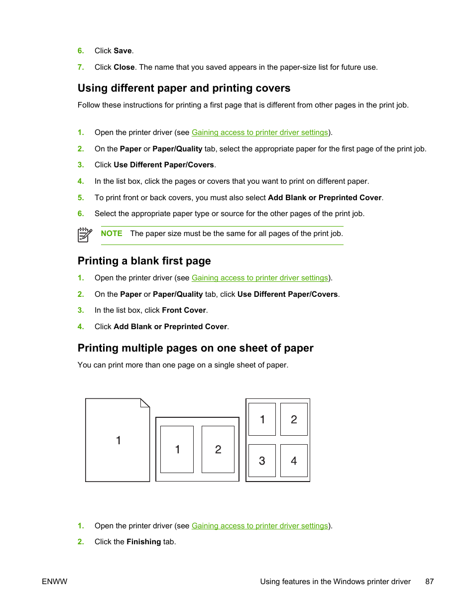 Using different paper and printing covers, Printing a blank first page, Printing multiple pages on one sheet of paper | HP LaserJet 5200 Printer series User Manual | Page 101 / 248