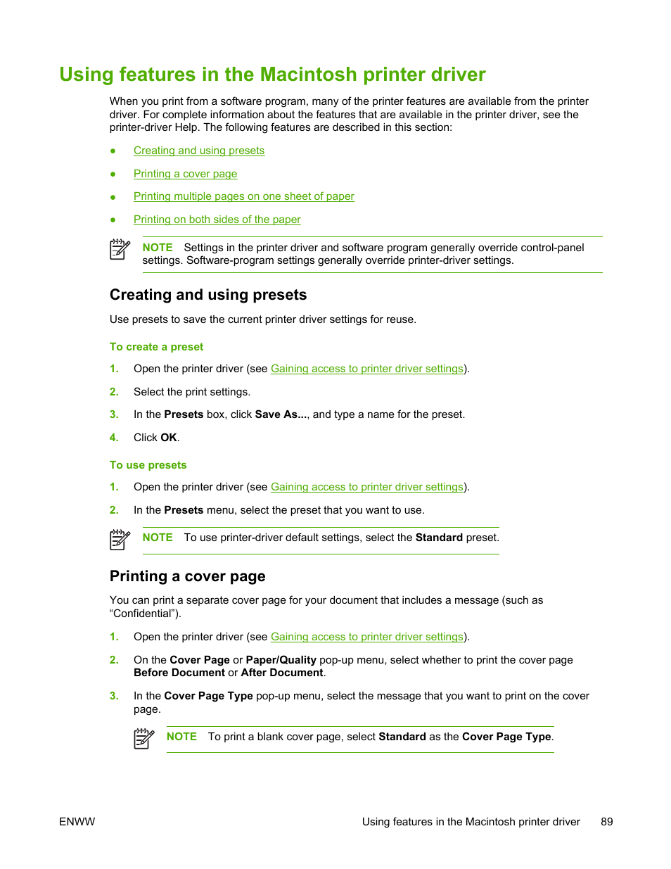 Using features in the macintosh printer driver, Creating and using presets, Printing a cover page | HP LaserJet 5200 Printer series User Manual | Page 103 / 248