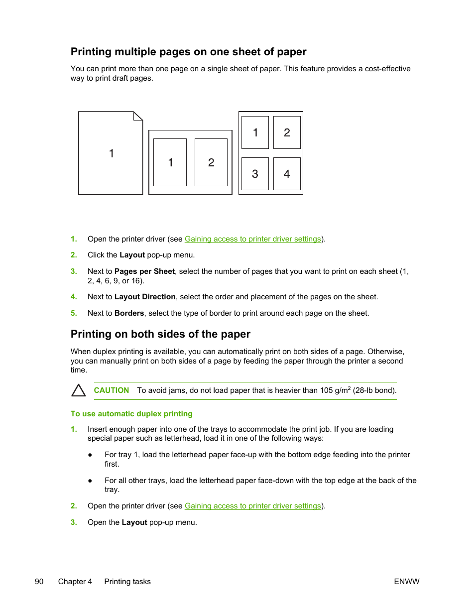 Printing on both sides of the paper, Printing multiple pages on one sheet of paper | HP LaserJet 5200 Printer series User Manual | Page 104 / 248