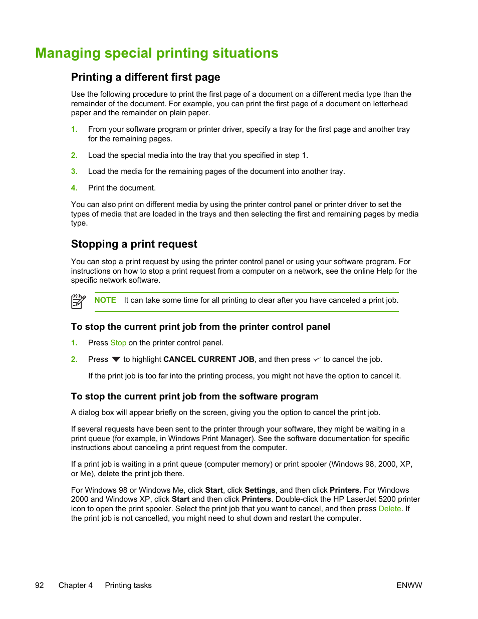 Managing special printing situations, Stopping a print request, Printing a different first page | HP LaserJet 5200 Printer series User Manual | Page 106 / 248