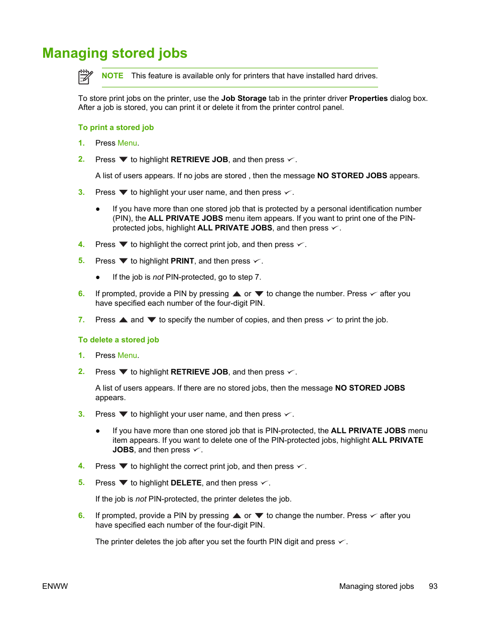 Managing stored jobs | HP LaserJet 5200 Printer series User Manual | Page 107 / 248