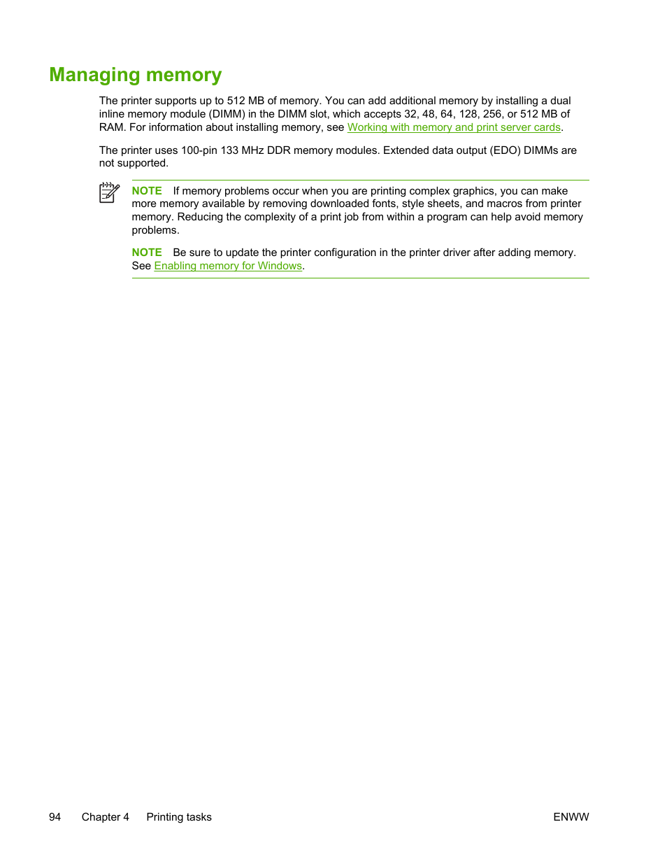 Managing memory | HP LaserJet 5200 Printer series User Manual | Page 108 / 248