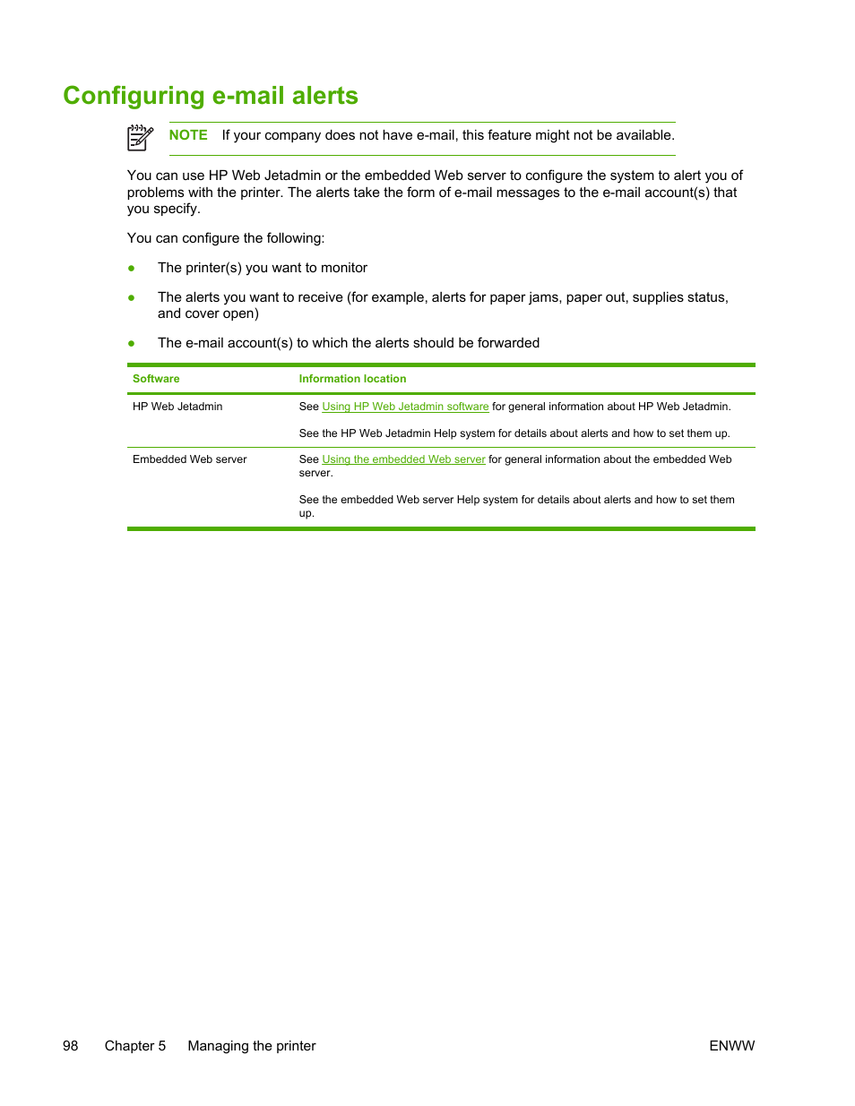 Configuring e-mail alerts | HP LaserJet 5200 Printer series User Manual | Page 112 / 248
