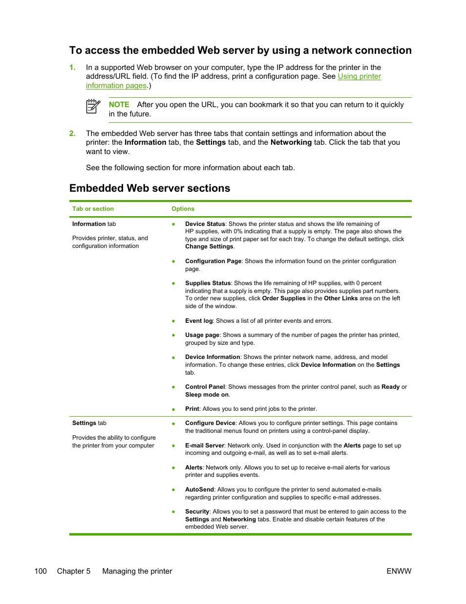 Embedded web server sections | HP LaserJet 5200 Printer series User Manual | Page 114 / 248