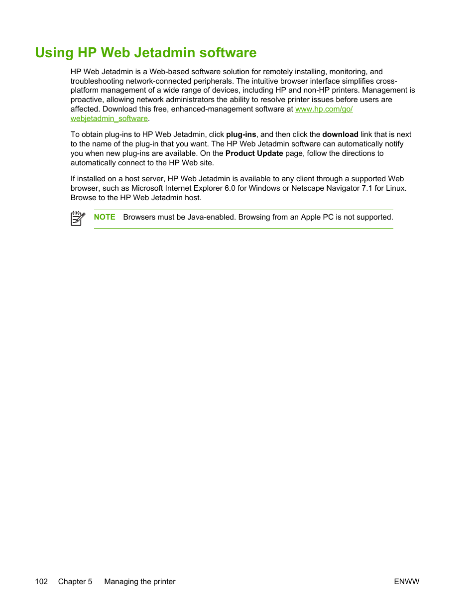 Using hp web jetadmin software, For general information about hp web | HP LaserJet 5200 Printer series User Manual | Page 116 / 248