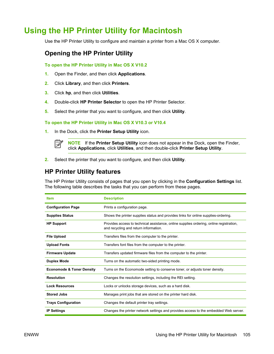 Using the hp printer utility for macintosh, Opening the hp printer utility, Hp printer utility features | HP LaserJet 5200 Printer series User Manual | Page 119 / 248